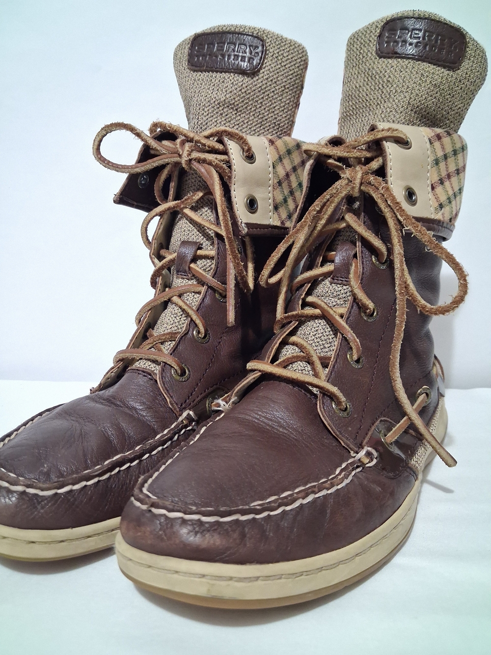 Sperry Top Sider Ladyfish Brown Leather Plaid High-Top Boots - Brown Size 7.5